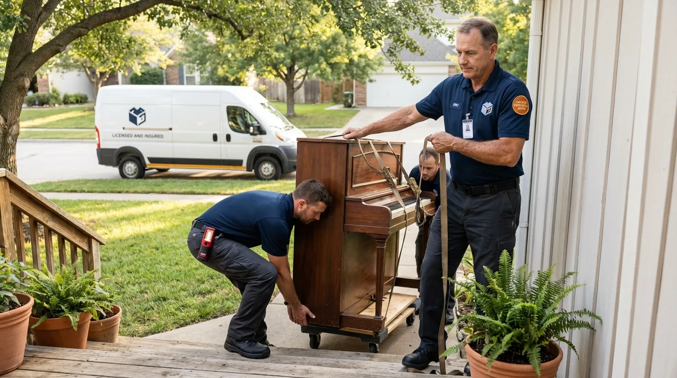 Licensed piano movers securing grand piano in Nashville, NC