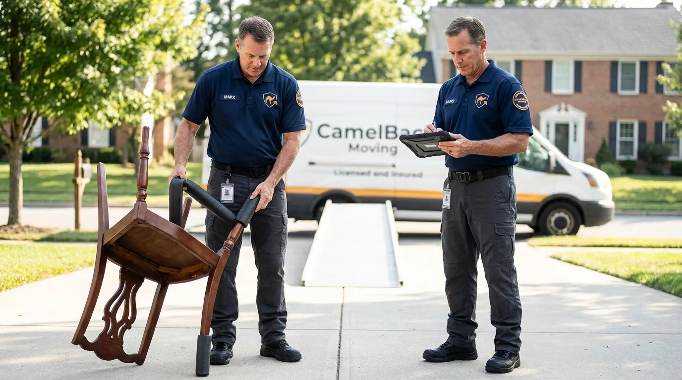 Movers inspecting furniture for damage prevention before loading in Nashville, NC