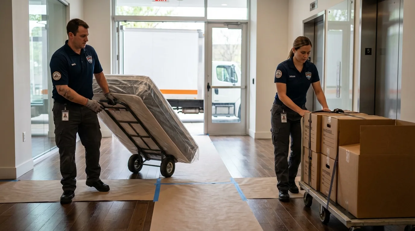 Professional apartment movers loading elevator in Nashville, NC