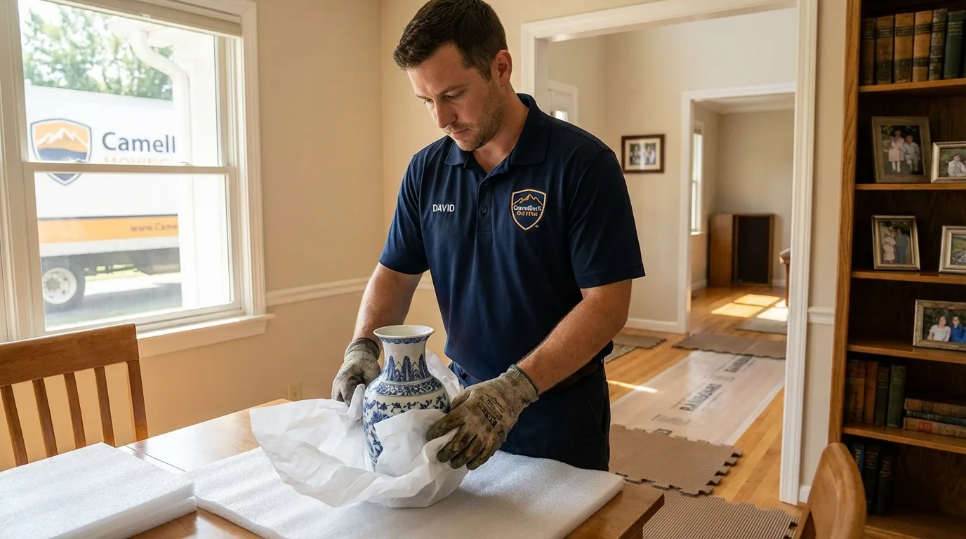 Professional crew carefully wrapping antique vase for senior downsizing move in Nashville, NC